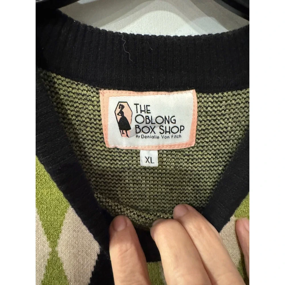 The Oblong Box Shop Black Cat Argyle Sweater XL Green Black Retro Rockabilly